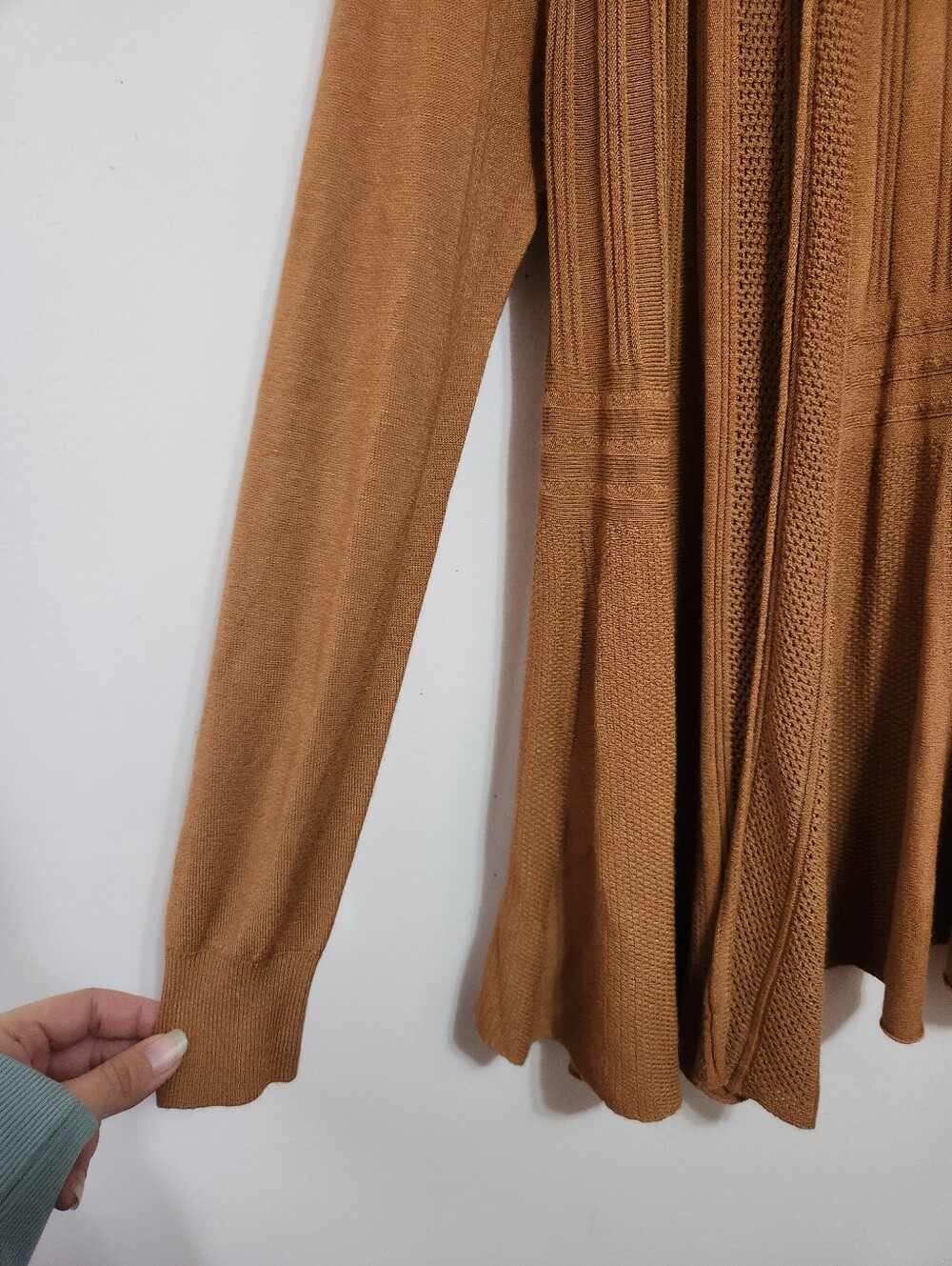 Cherie Bliss Camel Ribbed Peplum Open Front Cardigan Pointelle Crochet Trim M/L - Picture 2 of 7